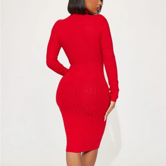Fashion Nova Red Textured Long Sleeve Sweater Midi Dress with Mock Neck - Picture 2 of 4